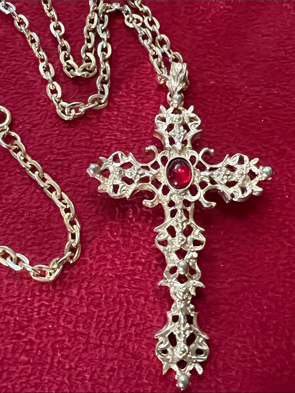 Vintage AVON Goldtone Abbey Cross with Red Glass Cabochon Necklace